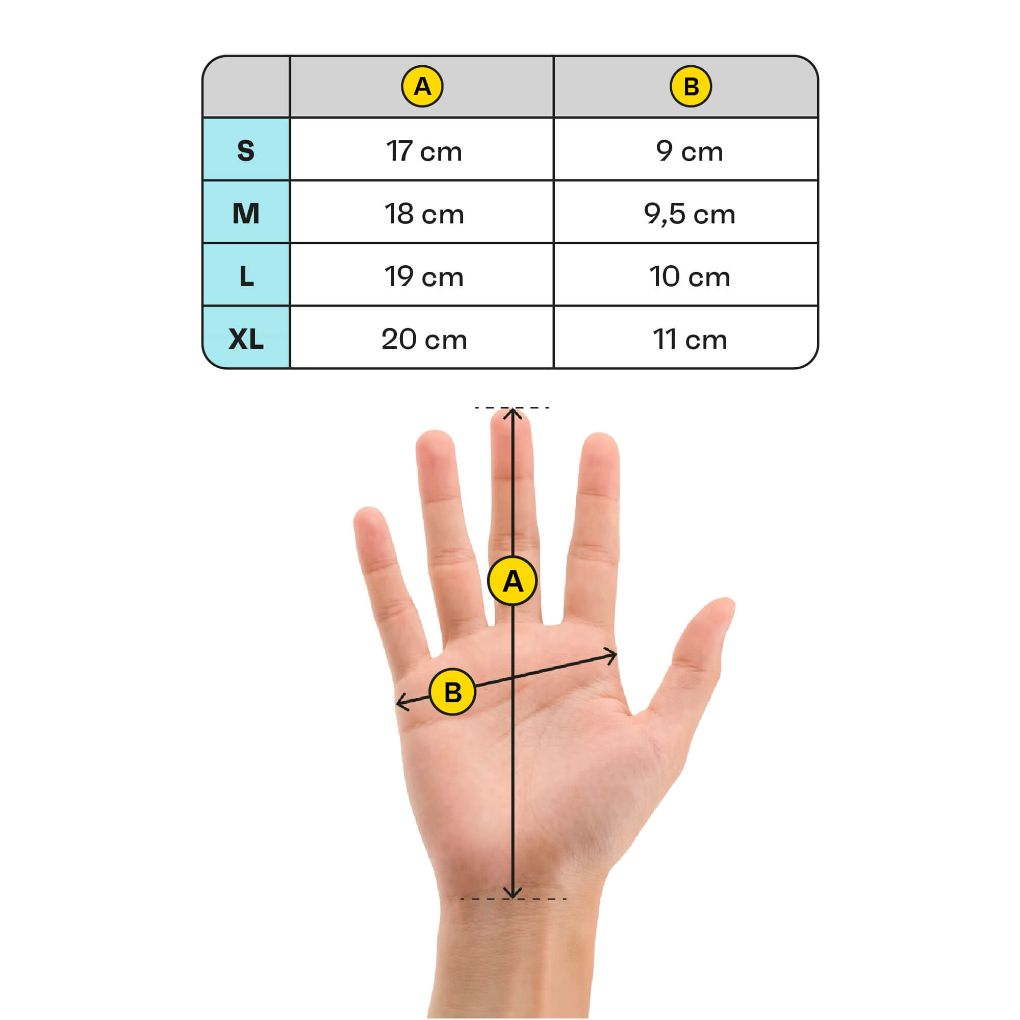 Winter gloves size chart with hand measurement guide