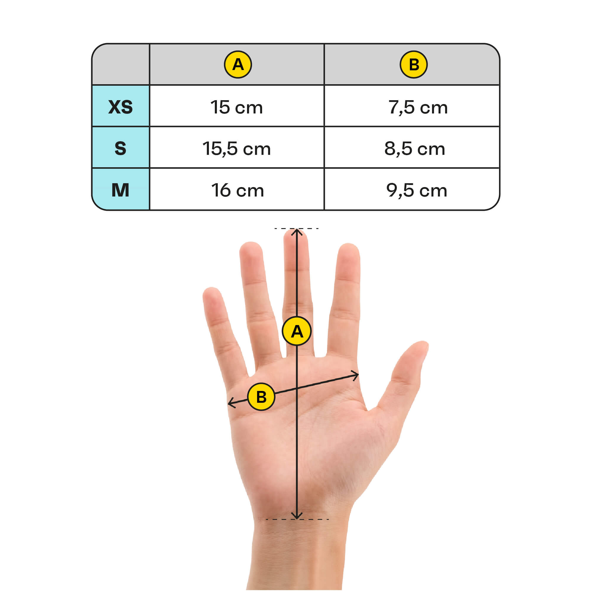 Winter gloves size chart with hand measurement guide
