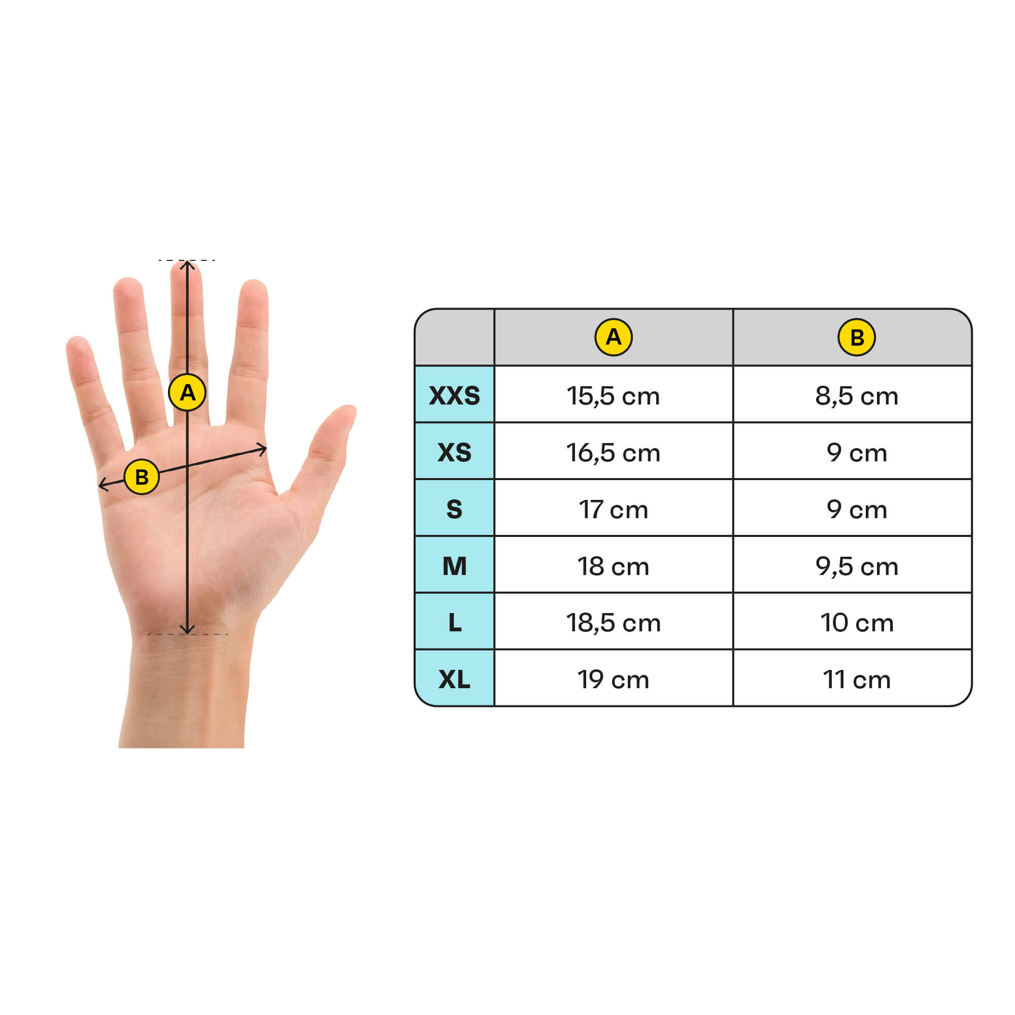 Winter gloves size chart with hand measurement guide