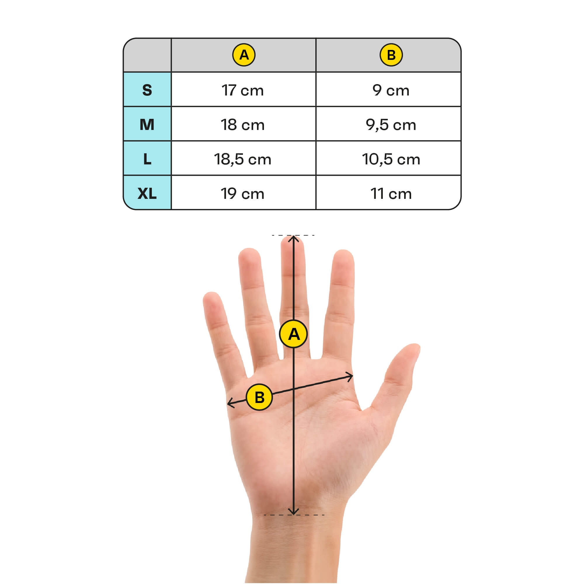 Winter gloves size chart with hand measurement guide